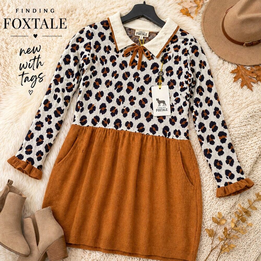 NWT Finding Foxtale Leopard Print Sweater Dress Size 12 Collared Knit Boho